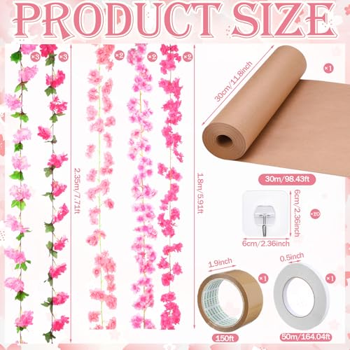 Yinder 35 Pcs 3D Wisteria Tree for Classroom Room Include Artificial Cherry Blossom Vines with Kraft Paper Tape for Classroom Home Room Wedding Summer Party Decor - color: Pink, style: Cherry Blossom