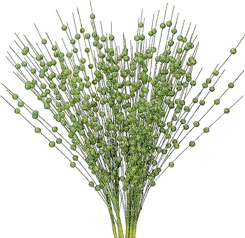 Artificial Glitter Berry Stem Ornaments, Bright Berries Decorative Bead Sticks, Glittery Twigs, Picks Branches for Home Christmas Tree, Small Vase, Holiday Wedding Party Decor - 17 Inch Green 10 Pack - color: Glitter Berry Sticks - Green 10 Pack