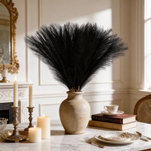 50pcs Black Pampas Grass 21.6 Inch Non-Shedding Faux Pampas for Gothic Home, Moody Boho, Halloween and Modern Wedding Decor - color: Black