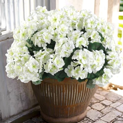 Hananona 12 Pcs Artificial Geranium Flowers for Outdoors Geranium White Silk Flowers Outdoor UV Resistant Garden Plants Faux Flowers for Home Kitchen Table Centerpieces Decor (12, White) - color: White