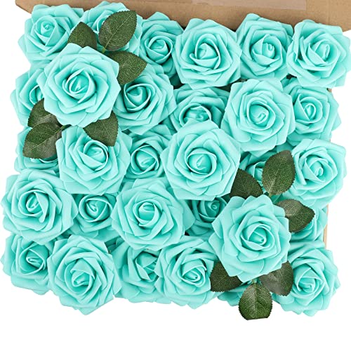MACTING Artificial Flower Roses 30PCS Real Touch Fake Flowers with Stem Foam Roses for DIY Wedding Bouquets Table Centerpieces Party Baby Shower Home Summer Mothers Day Decorations,Mint Green - color: Mint Green, size: 30PCS
