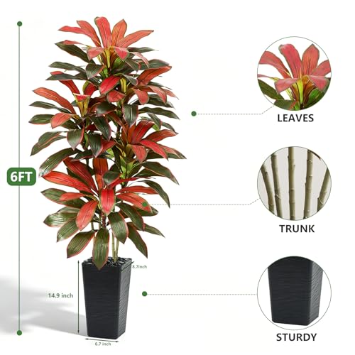 Artificial Red Dracaena Tree - 6FT Tall Fake Plants with Black Square Planter - Artificial Plants Indoor Floor Plant in Pot - Large Tropical Fake Yucca Potted Tree for Home Office Living Room Decor - color: Black-red Leaf, size: 6 FT