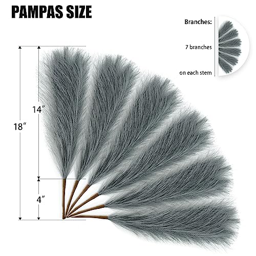 6 PCS Faux Pampas Grass Arrangement - 18"/45cm Artificial Fluffy Pompous Grass Stems for Boho Chic Home and Wedding Decor (Grey) - color: E2- Grey