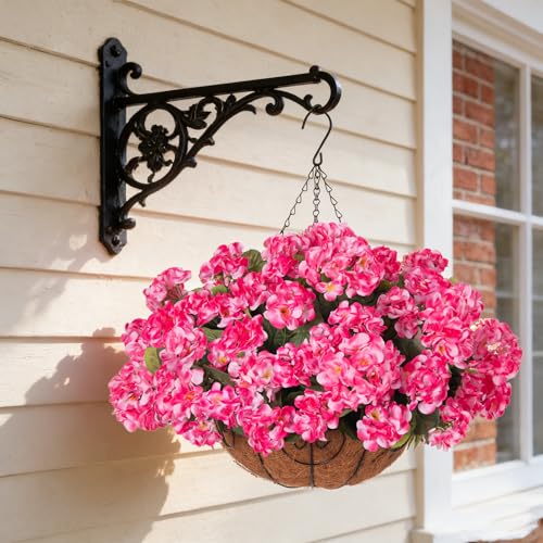 INSPRING Geraniums Artificial Flowers Hanging Basket for Outdoors Outside Spring Decoration, 8 Bundles Silk Flowers Fake Plants Look Real UV Resistant for Porch Home Patio Balcony Yard, Pink - color: Pink