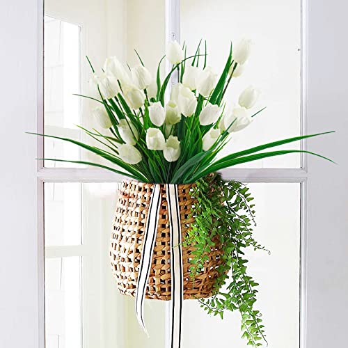 12 Bundles Tulips Artificial Flowers, 60 Heads Outdoor Artificial Tulip Faux Plastic Greenery Shrubs Plants UV Resistant for Easter Home Outside Garden Porch Window Decor (White) - color: White, size: 12 PCS