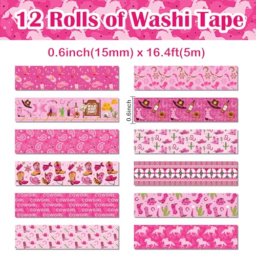12 Rolls Western Washi Tape, Pink Wild West Masking Tapes, Western Cowboy Cowgirl Decorative Paper Stickers for Scrapbook Journal DIY Art Crafts Wrapping Birthday Party Supplies 16.4FT - color: Q