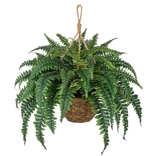 Hollyone Large Fake Hanging Ferns 49 Leaves Boston Ferns Artificial Plants Outdoor Indoor Potted Plant 23.6inch Faux Fern in Baskets Pot Artificial Hanging Fern Bush Plant for Patio Garden Porch Decor - size: Hanging Fern