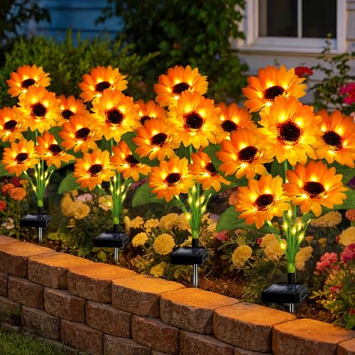 Solar Sunflower Lights Outdoor Garden Decor, 4 Pack Solar Flowers Lights with 18 Sunflowers, Waterproof Fall Decor Stake Decorative Light Auto ON/Off for Garden Yard Patio, Gift for Women - color: Warm White, size: 6 in 1 Sunflower-4 Pack