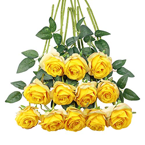 Tifuly Yellow Roses Artificial Flowers -12 pcs Realistic Single Long Stem Fake Silk Roses Bouquet for Party Home Wedding Centerpiece Office DIY Decor - color: Yellow