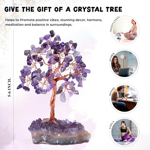 Crocon® Amethyst Crystals Tree with Cluster Base Tree of Life, Birthday Gifts for Women, Men Decor for Shelf, Sister Gift, Birthday Gifts for Mom, Cute Home Office Decor Purple Housewarming Present - color: Ac Amethyst Cluster Base