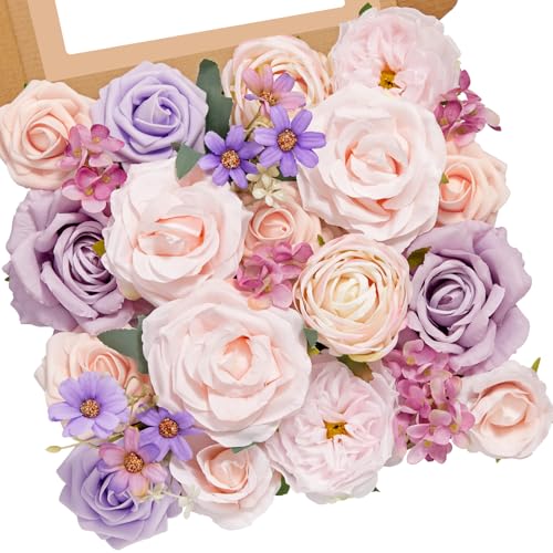 Serwalin 2Pcs Artificial Flowers Fake Silk Flowers Combo Realistic Mixed Roses Box for DIY Wedding Bridal Bouquets Centerpieces Arrangements Faux Flowers with Stems Home Decor, Pink&Lilac - color: A Abby Charming Lilac & Pink, size: 2 Boxes