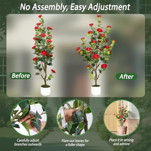 4FT Artificial Camellia Tree with Red Flowers, Faux Hydrangea Tree in Pot for Indoor & Outdoor Decor, UV Resistant Fake Plant for Home, Porch, or Office Decoration (2, Red) - color: Red 4ft X2