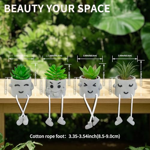 Set of 4 Small Faux Succulents in Cement Pots with Hanging Legs, Potted Mini Fake Plants for Desk, Office Cubicle, Kitchen, Bathroom, Wall Shelf Decor, Room & Bookshelf Ornament - color: 4small-shy-green