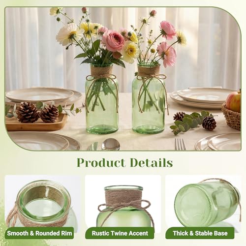 Glass Flower Vases for Centerpieces Boho Cylinder Bud Vases in Bulk Mason Jars for Weddings, Parties & Vintage Home Farmhouse (6, Green) - color: Green