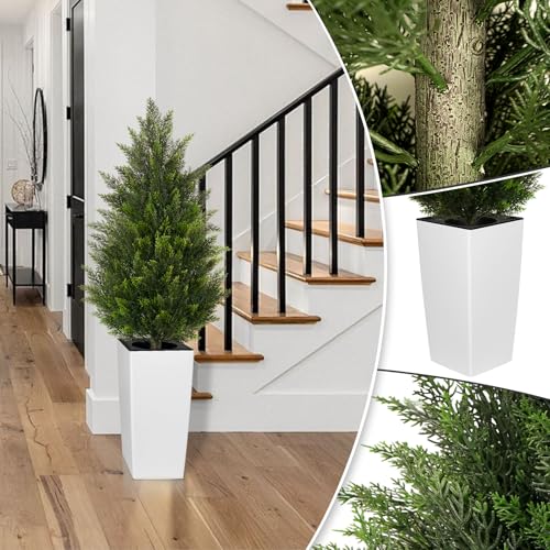 4FT Tall 2 Pack Artificial Cedar Topiary Trees with Compact Pyramidal Shape, Realistic Faux Cypress in Square White Pot with Fillable Water Bag, Outdoor Evergreen for Front Porch Garden Home Decor - color: White-pyramid Topiary, size: 4ft-2pack