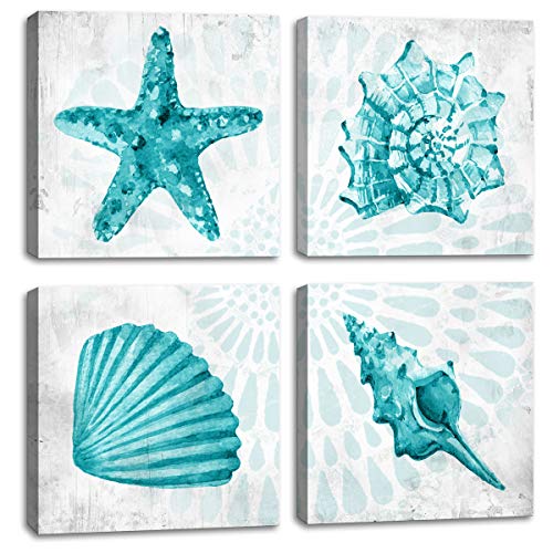 BQVCT Bathroom Wall Decor Teal Watercolor Starfish and Seashell Conch Wall Art Sea Creatures Pictures Ocean Theme Canvas Prints for Bedroom Home Artwork Decor Paintings - color: Teal