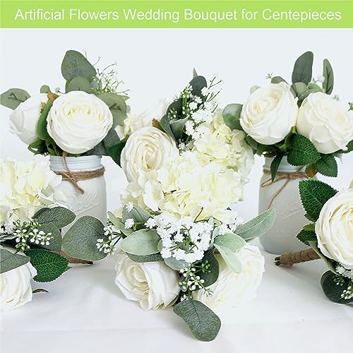 Bridesmaid Bouquets - Set of 4 Ivory White Artificial Flowers Bouquet Wedding Rustic Small Floral Centerpieces for Marriage Proposal Party Anniversary Dining Table Decorations - color: White, size: 4pcs Bouquets