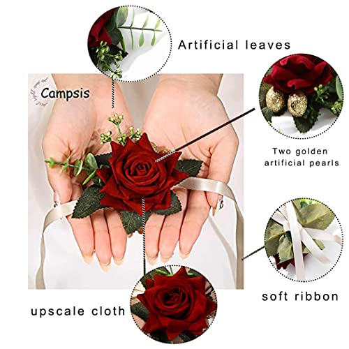Campsis Red Rose Wrist Corsage, Gold-Accented Artificial Flowers with Satin Ribbon, Set of 2, Wedding and Prom Formal Wear