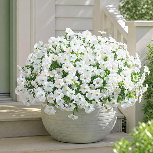Artificial Flowers for Outdoors Decoration, 20 Bundles White Faux Morning Glory with Eucalyptus Look Real UV Resistant Fake Plants Silk Flowers for Outside Yard Gardens Porch Patio Planter Home Urn - color: White