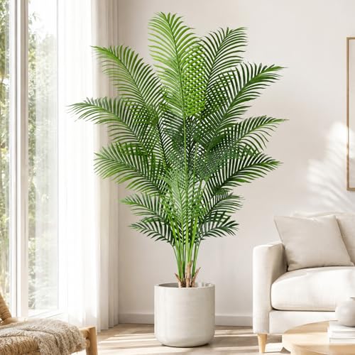 Artificial Palm Tree 6ft Tall Fake Palm Tree Indoor Decor with 18 Leaves and Real Bark Design Faux Tropical Areca Palm Silk Floor Plant in Pot for Home Office Living Room Bedroom Decor 1pcs - size: 6ft