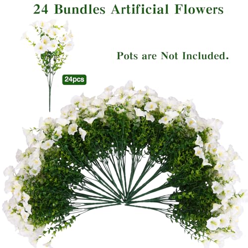 CEWOR Artificial Flowers for Outdoor Indoor, Fake Silk Morning Glory with Eucalyptus Leaves, Faux Flower for Garden Front Door Porch Planter Patio Home Decor (24 Bundles, White) - color: White Morning Glory