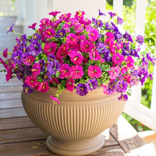 HyeFlora Artificial Flowers for Outdoors Fake Plants Outside Decoration, 12 Bundles Silk Colorful Morning Glory with Eucalyptus UV Resistant Realistic Faux Flowers for Planter Porch Patio Yard Garden - color: Purple Fuchsia
