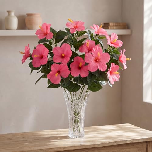 Hotop 3 Pack Artificial Hibiscus Flowers 33"x13" Silk & Plastic Tropical Bouquets Lifelike Blooms with Bendable Stems Faux Hawaiian Flowers for Home Living Room Wedding Patio (Rose Red) - color: Rose Red