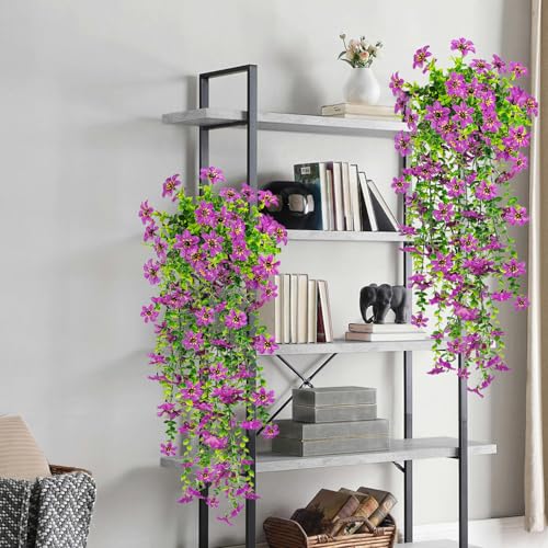 4 PCS Artificial Hanging Flowers for Outdoors, Fake Hanging Plants UV Resistant Faux Silk Daisy with Eucalyptus Leaves for Outside Home Indoor Planter Porch Patio Balcony Yard Decor (Purple) - color: Purple