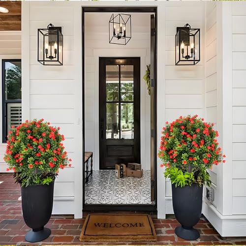 Set of 4 Artificial Boxwood Topiary Ball Trees with Red Flowers, 24" UV Resistant Fake Shrubs with Ground Spike, Faux Greenery for Garden, Yard, Porch, Patio & Indoor Outdoor Decor