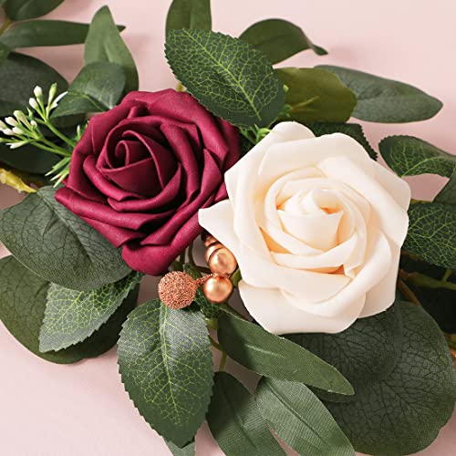 ponatia 6.5FT Handcrafted Artificial Rose Flower Garland, Eucalyptus Greenery Garland for Wedding Ceremony Garlands Backdrop Arch Flowers, Reception Table Decorations (Burgundy & Ivory Cream) - color: Burgundy & Ivory Cream