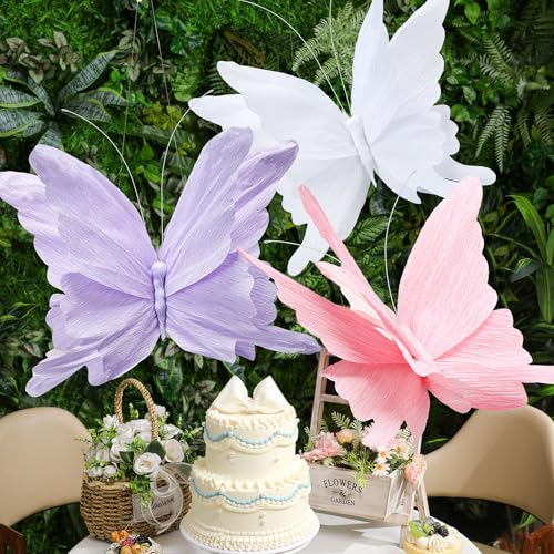 3 Pcs 3D Large Hanging Butterfly Decorations Large Butterfly Birthday Party Decorations 3D Crepe Paper Decoration for Wedding Party Birthday Baby Shower Garden(Purple, Pink, White,20 Inch) - color: Purple, Pink, White, size: 20 inch