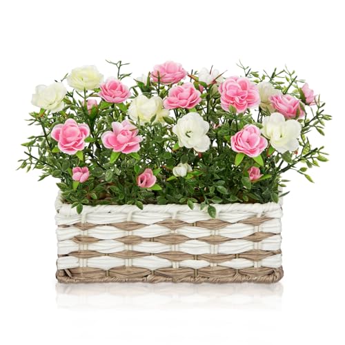 Artificial Rose Flowers with Woven Basket, Faux Roses in Fake Rattan Planter for Table Centerpiece, Romantic Floral Arrangement for Home Bedroom Spring Wedding Sweet Decor, Cream White & Soft Pink - color: Cream White & Soft Pink