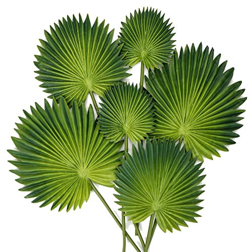 6 Pcs Pu Foam Artificial Palm Leaves Faux Palm Tropical Leaves Fake Palm Fronds for DIY Wedding Bouquets Fake Leaves for Centerpieces Arrangements Bridal Shower Palm Leaf for Party Home Decorations - color: Palm #01