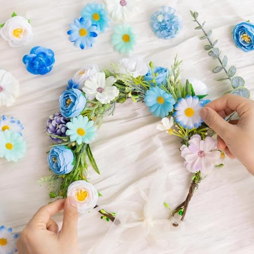 Fake Flower Heads for Crafts, 66PCS Mini Artificial Flowers Bulk, Small Silk Daisy Rose Sunflower Faux Floral Heads for DIY Hair Clips, Wedding Cake, Graduation Cap, Wreath & Party Decoration - color: Blue