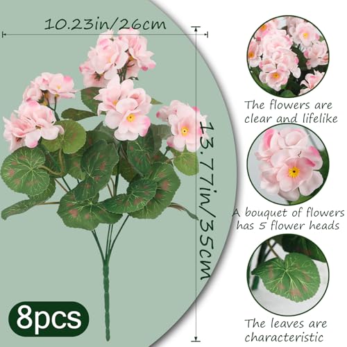 CITYES 8 Pcs Artificial Geraniums Flowers Pink Silk Geraniums for Outdoors UV Resistant Artificial Geranium Bush Faux Flowers Plants Geraniums for Garden Home Decor Indoor Patio Vase Table Centerpiece - color: Light Pink