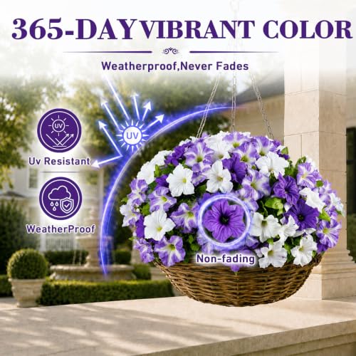 6Pcs Artificial Flowers for Outdoors, Fake Petunias Morning Glory Silk Flower UV Resistant, Faux Flowers for Outdoor Planters, Realistic Flora for Window Box Garden Porch Decor (PurpleWhite-Petunia) - color: Purplewhite-petunia
