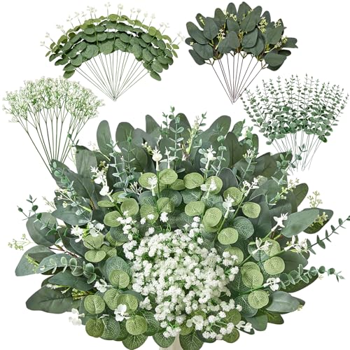 60 PCS 4 Kinds Mixed Artificial Greenery Stems,Baby Breath Flowers Artificial Bulk with Fake Eucalyptus Stems for Wedding Vase Bouquet Home Floral Decor