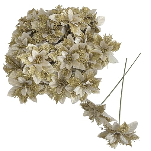 30Pcs Gold Poinsettias Flowers Artificial with Clips, 5.5" Glitter Artificial Flower Poinsettia Decorations Christmas Tree Flower for Xmas Wreath Garland Home Decor (30, Gold)