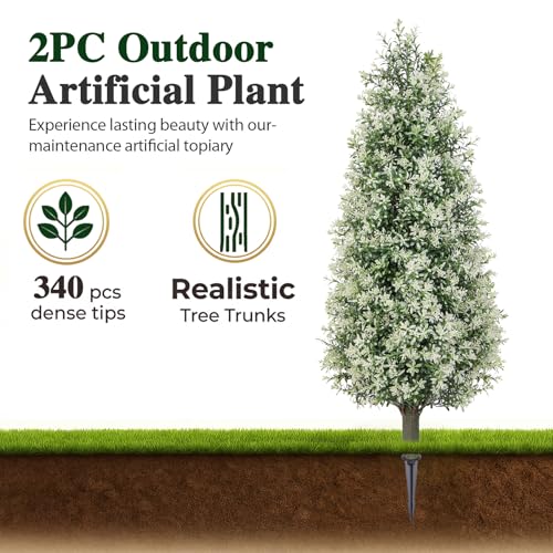 PATIO CHOICE 3ft Artificial Topiary Trees with Ground Spike Set of 2 Outdoor Faux Plants Realistic Faux Bushes and Shrubs Decorations for Outdoor Front Porch Garden - color: White, size: 3ft