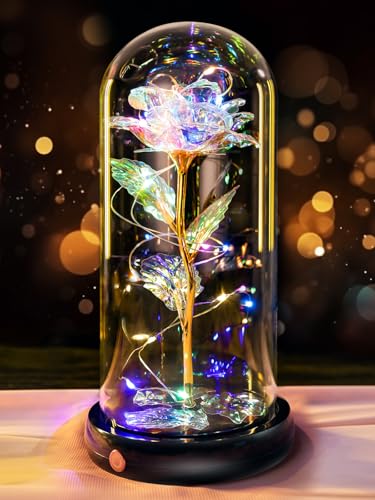 Mothers Day Flowers Gifts for Mom Women Birthday Gift, Rechargeable Galaxy Glass Rose in Glass Dome Forever Crystal Rose Anniversary Mother's Day Roses Gifts for Daughter Wife Women Grandma Rainbow - color: Usb-a Colorful