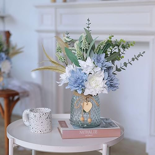 Faux Flowers with Vase,Artificial Silk Flowers in Vase, Fake Plant Eucalyptus and Willow,Flower Arrangement for Home Farmhouse Dining Table Centerpiece Decorations Coffee Table Decor (Dusty Blue) - color: Dusty Blue