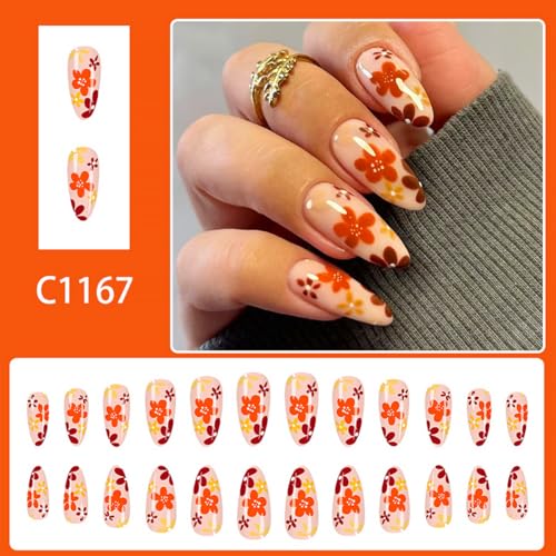 24Pcs Fall Press on Nails Medium Almond Fake Nails Colorful Flower False Nails with Glossy Design Floral Glue on Nails Full Cover Artificial Thanksgiving Stick on Nail for Women Acrylic Manicure DIY