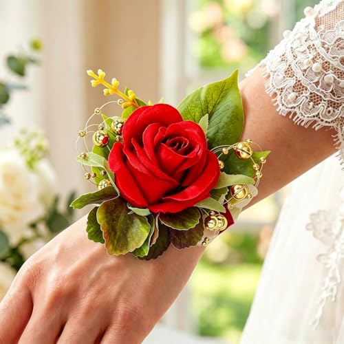 Rose Wrist Corsage Prom Corsages Wristlet Bridal Hand Flower for Women and Girls (Red) - color: Red