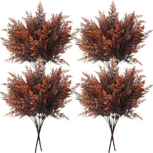 Artificial Ferns Shrubs Bushes, Faux Fern Leaves Plastic Plants Fake Boston Grass for Wedding Bouquet Indoor Outdoor Home Garden Verandah Kitchen Table Centerpieces Arrangements Decoration Red 8 Pack - color: Boston Fern - Red - 8 Pack