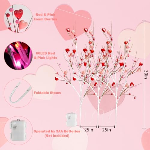 Agusbagli 3 Pack Valentines Day Decor 30in Lighted Valentine’s Day Picks with 60LED Pink Lights Artificial Red Heart Berry Flower Stems Timer Battery Operated Valentines Day Decorations for Home