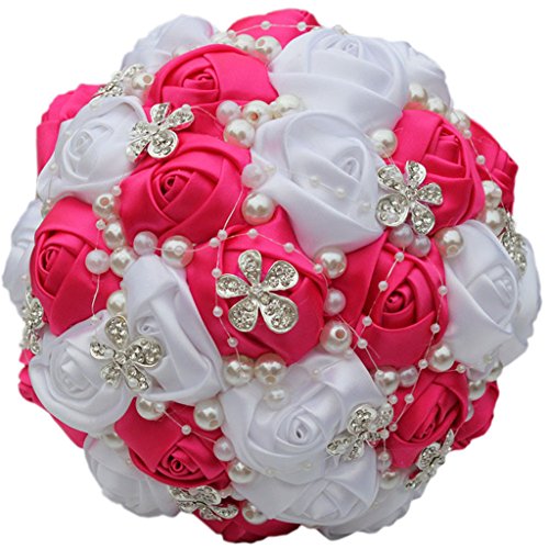 S_SSOY Wedding Bouquet Bride Bridal Brooch Bouquets Bridesmaid Bouquet Diamond Pearl Ribbon Valentine's Day Confession Party Church with Free Corsage Flower, Rose+White - color: Rose+white