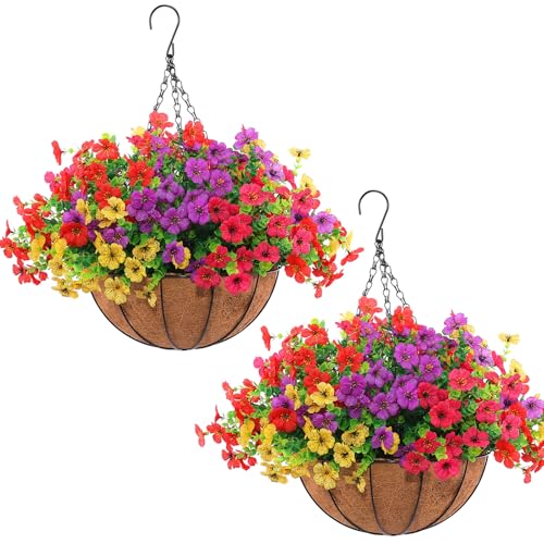 Hananona 2 Set Artificial Outdoor Flowers with Hanging Basket, 2 Hanging Planters with 24 Pcs Flowers for Spring Summer Front Porch Garden Patio Home Decor (2, Red, Purple, Yellow, Rose Red) - color: Red, Purple, Yellow, Rose Red