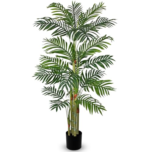 Hollyone Fake Palm Tree Decor 5FT with Planter Artificial Palm Tree Faux Tropical Areca Floor Plant in Pot with 5 Textured Trunks Silk Plant for Home Garden Outdoor Indoor Office Decor - color: 5ft