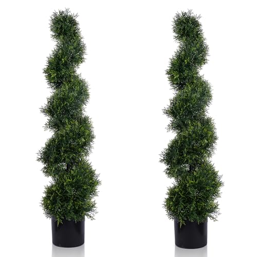 4FT Spiral Artificial Topiary Trees, Artificial Outdoor Plants - Faux Cedar Trees for Front Porch Indoor Outdoor Decor Artificial Plants UV Resistant Set of 2 - size: 4ft