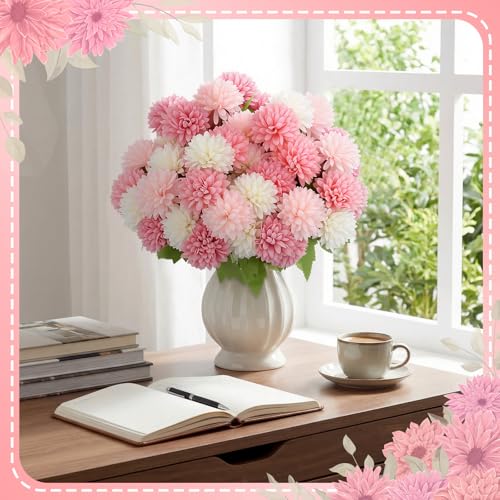 XunYee 12 Pcs Pink Artificial Flowers for Outdoor Spring White Pink Faux Flowers Spring Fake Silk Chrysanthemums Bouquet for Garden Porch Window Patio Floral Arrangement Wedding Home Table Decor - color: Pink